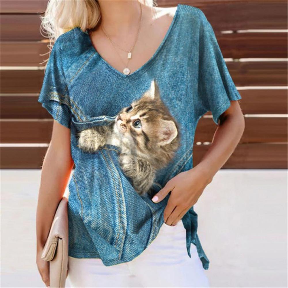 Летние милые футболки с 3D-принтом кошек, женские повседневные футболки с V-образным вырезом и коротким рукавом, Y2k, харадзюку, футболки с животными, свободные топы, женская одежда