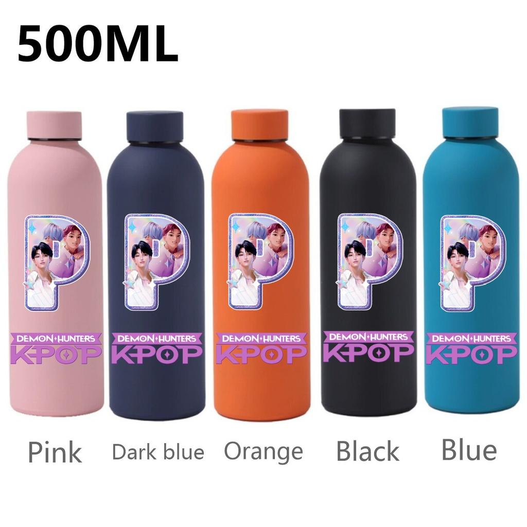 500ML KPop Demon Hunters Sport Leak Proof Stainless Steel Insulated Mug Water Cup Letter Number Cartoon Print Birthday Gifts