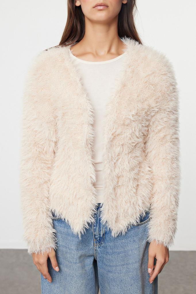 Women's Fashionable Stylish Cardigan Stone Soft Textured Furry Coat Look Knitwear Cardigan