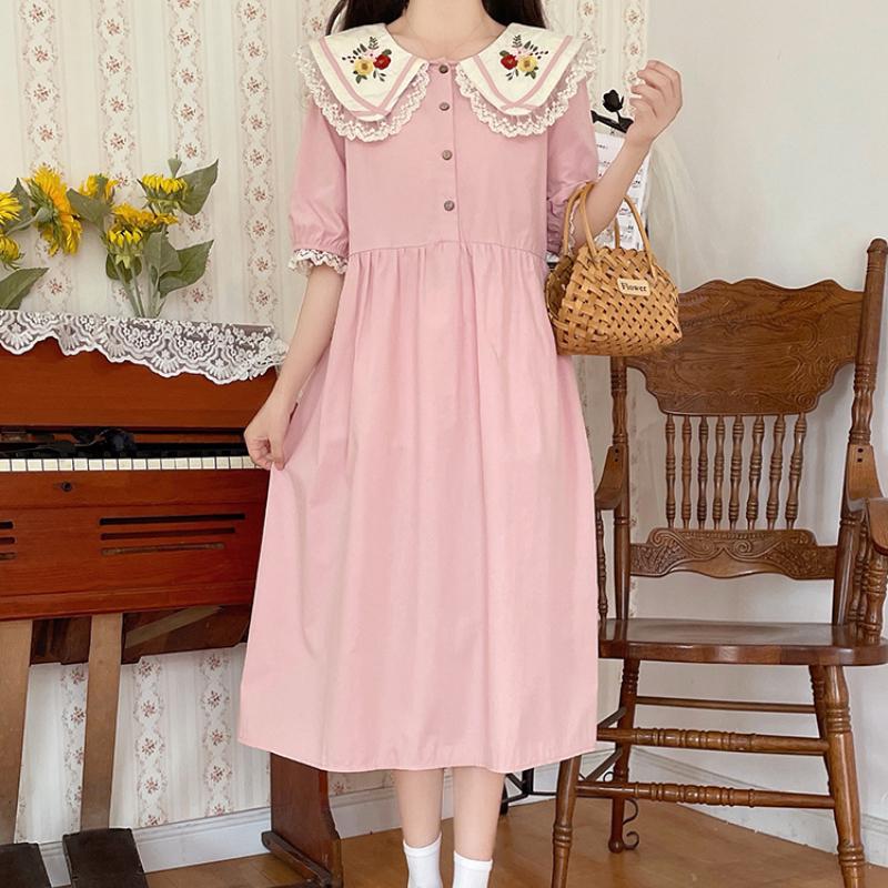 Японское летнее женское милое платье Mori Girl с воротником Питера Пэна, розовое, синее платье с цветочной вышивкой, милые платья Kawaii с кружевными оборками
