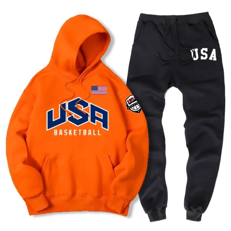 США баскетбольная уличная спортивная одежда с принтом спортивный костюм мужской теплый комплект из двух предметов свободная толстовка с капюшоном брюки комплект спортивный костюм с капюшоном