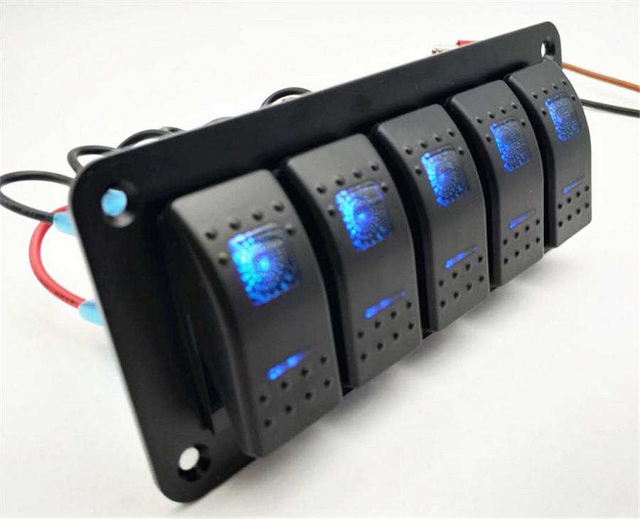 5 Gang On/Off Rocker Switch Panel Dual LED Light Car  Marine Boat Waterproof 12V/24V