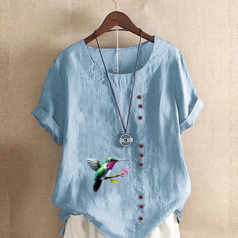 Women's Fashion Round Neck Short Sleeve T-shirt Casual Cotton Linen Graphic Shirt Bird Prined Summer Blouse Tops Plus Size
