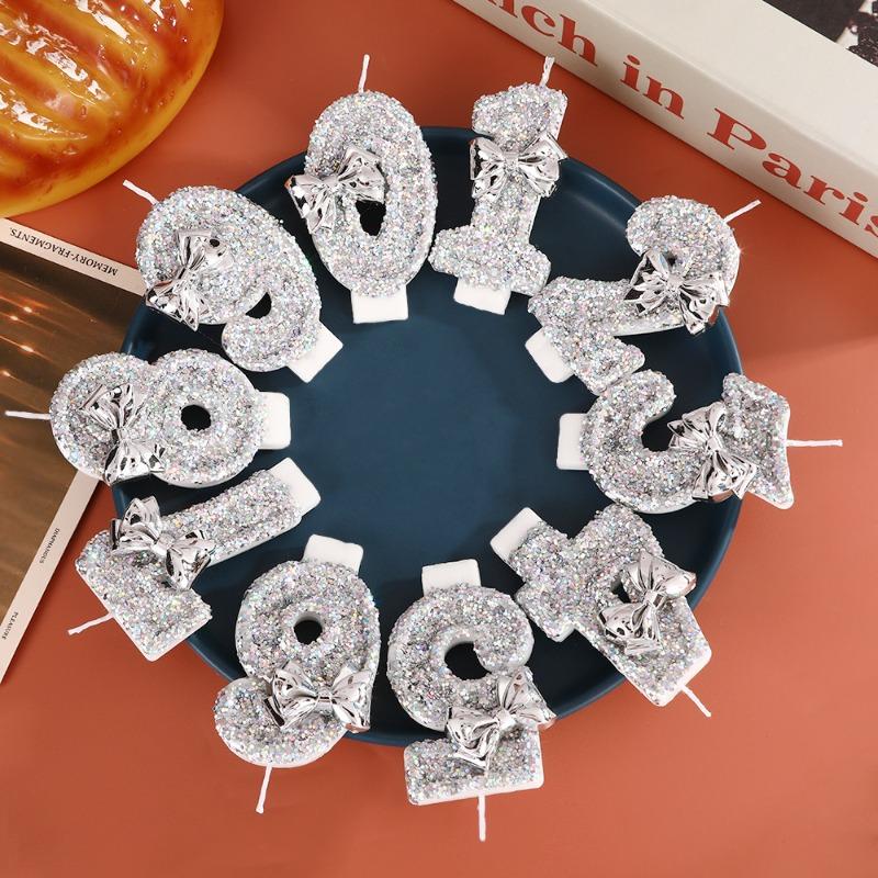 Digital Birthday Candle Silver Sequin Bow Party Decoration Creative 0-9 Number Candles Birthday Cake Plugin for Party Supplies