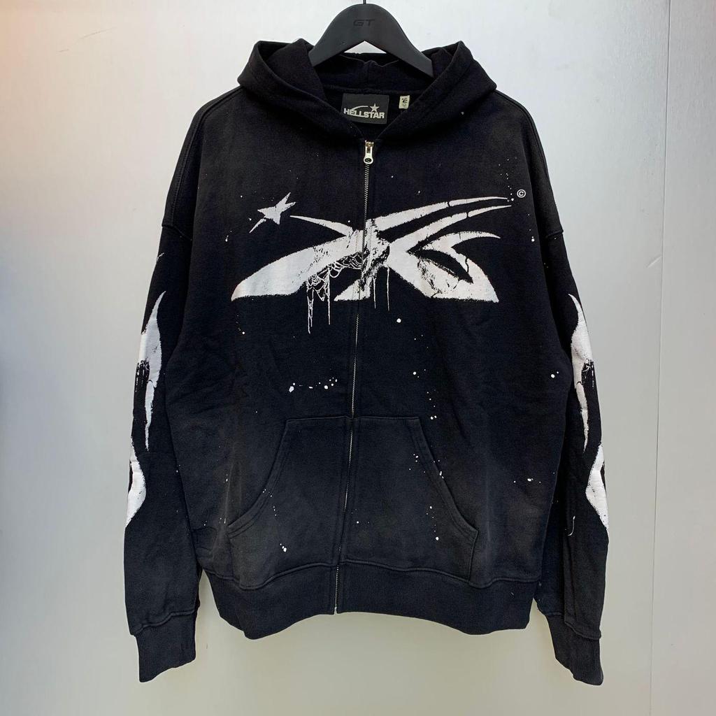 Hellstar Distressed Retro Loose Zipper Pure Cotton Hoodie - American Hip Hop Style