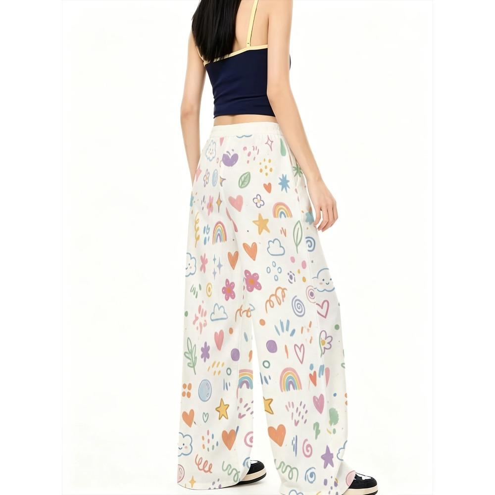 Women's loose fashion casual wide-leg pants rainbow cloud heart print spring and autumn outdoor trousers