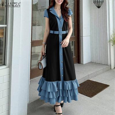 Женское повседневное летнее длинное платье с коротким рукавом и отложным воротником