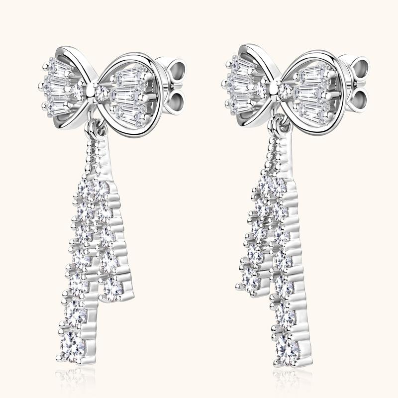 Silvere Glam European And American Light Luxury And High-end Style Bow Moissanite Ear Studs, Silver Ear Rings Long Full-stone Ear Accessories