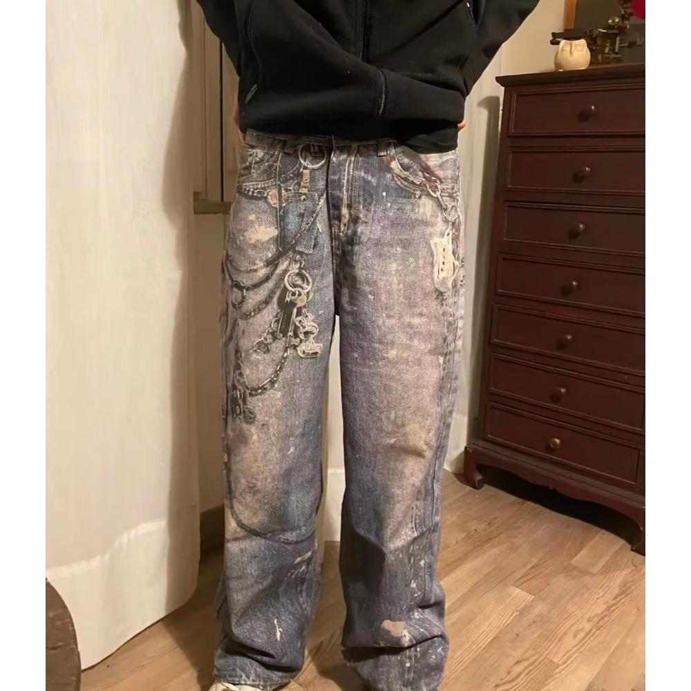 Новые мешковатые джинсы с 3D-принтом в виде цепочки для мужчин и женщин, повседневные мешковатые прямые джинсовые брюки, широкие джинсы Y2K