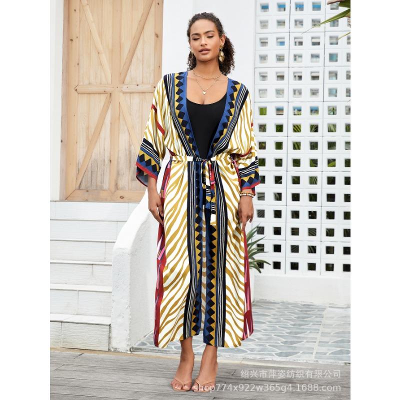 Плюс Размер Женский Пляжный Принт Кардиган Бикини Солнцезащитный Купальник С Накидкой