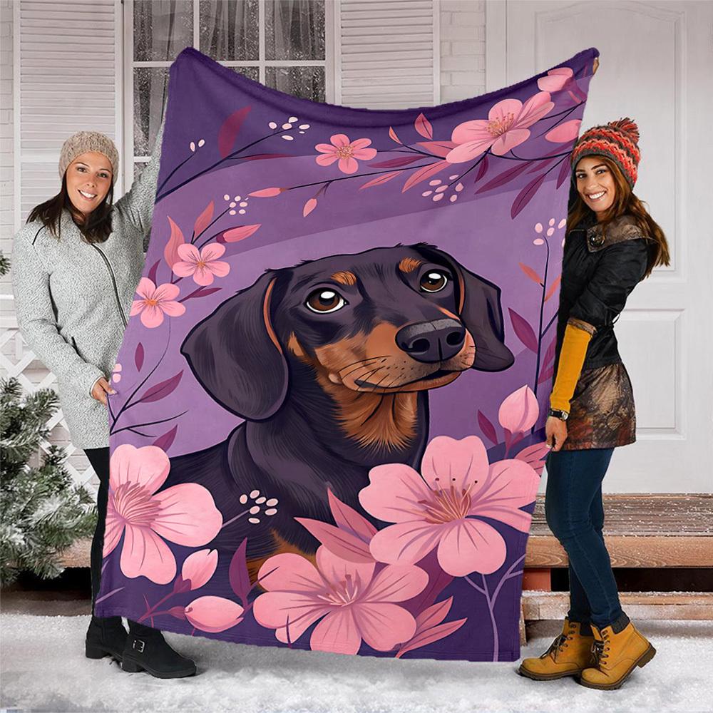 1pc Dachshund Floral Print Outdoor Flannel Blanket , Machine Washable Perfect Gift for Birthday , Holiday Travel Accessory , Durable Material