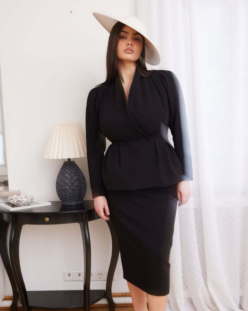 Women's White V-Neck Puff Sleeve Blouse with Slim Fit Skirt Set, Elegant Office Wear