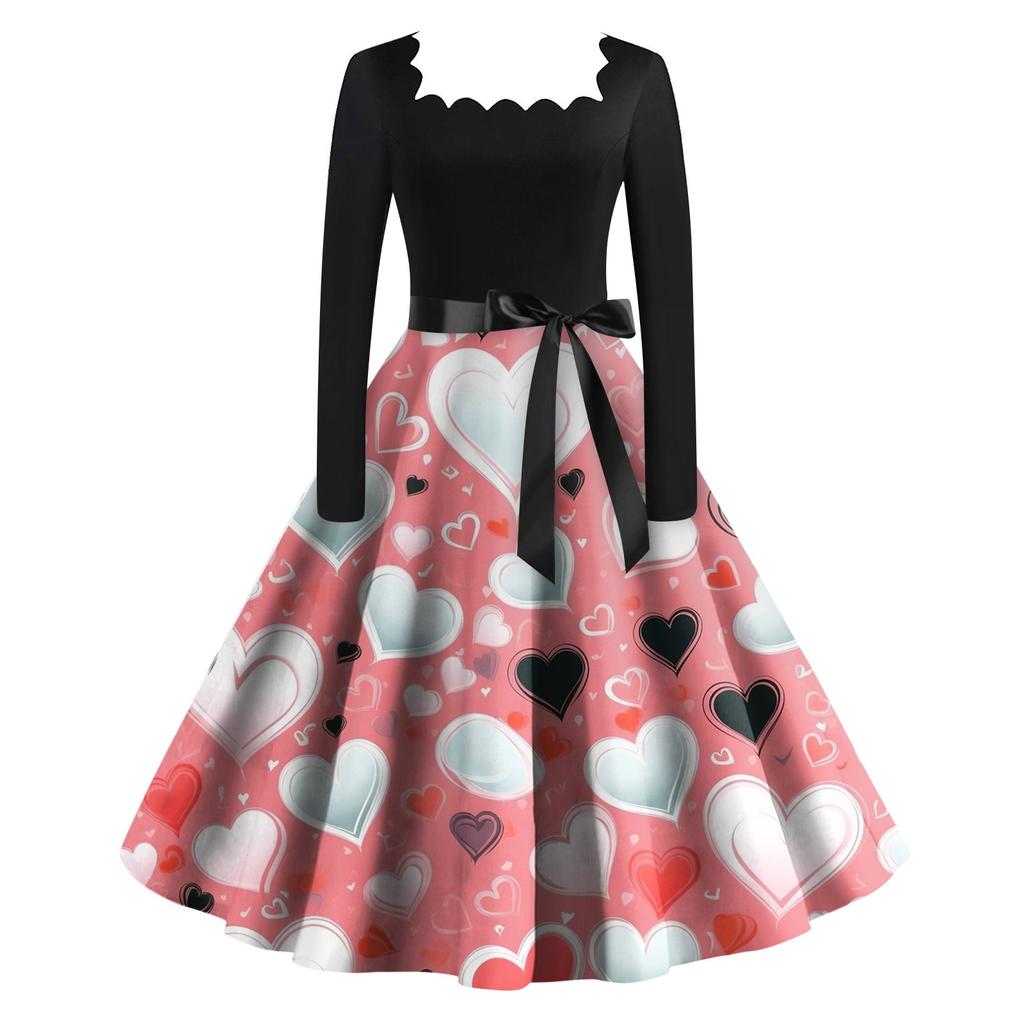 Женское винтажное классическое платье с длинным рукавом и принтом ко Дню святого Валентина, свободное платье с квадратным воротником