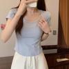 Irregular U-Neck Short Sleeved T-Shirt Summer High Waist Short Style Solid Color Top For Women