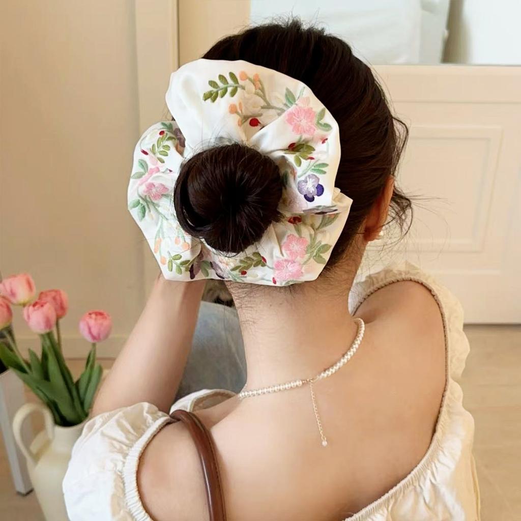 1pc High-end Korean Strawberry Grape and Flower Embroidery Craft Satin Texture Large Elastic Hair Band for Ladies