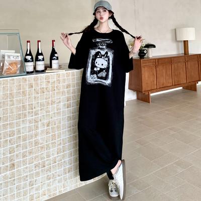 Женское платье больших размеров свободного кроя лето 2025 винтажное платье базовое длинное повседневное с принтом платье-рубашка макси