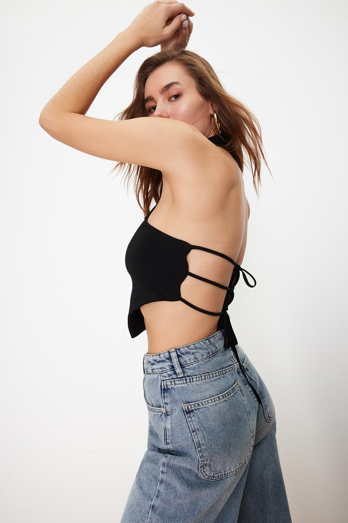 Women's Fashion New Blouse Black Stand Collar Crop Off Shoulder Knitted Blouse