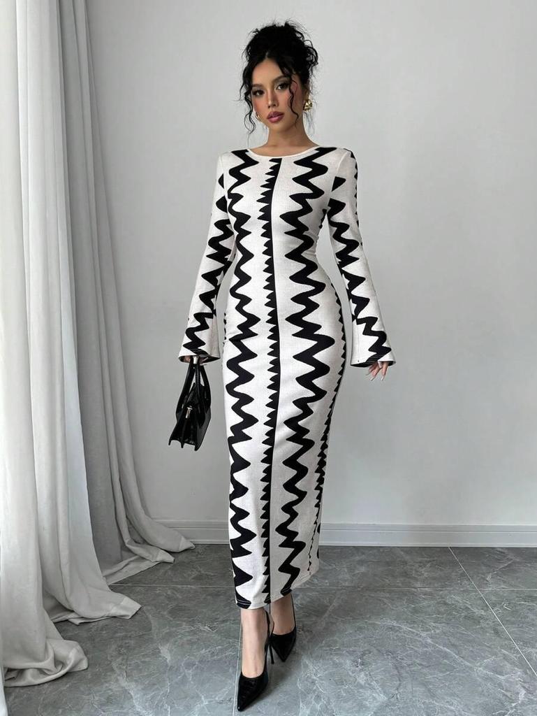 Европейское и американское облегающее платье с черно-белым принтом на осень/зиму 2025 года с круглым вырезом и длинными рукавами