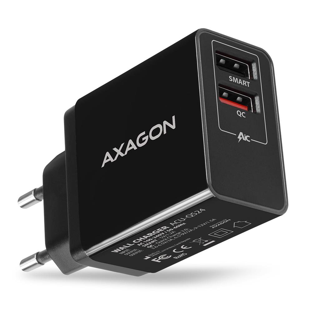 AXAGON Dual wallcharger 240V/2x USB port QC3.0/AFC/FCP and 5V-1.2A, 24W | ACU-QS24