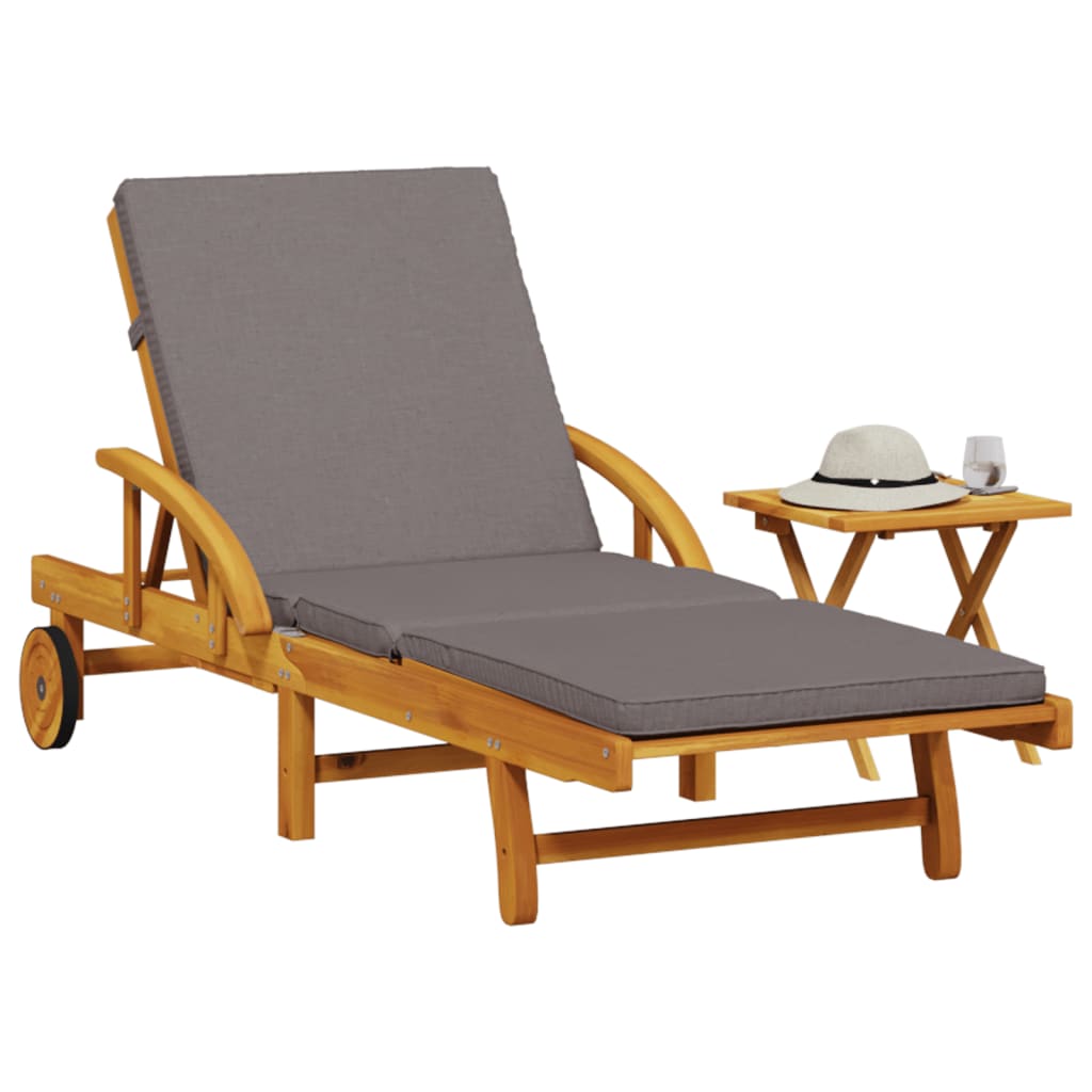 Sun Lounger with Cushion and Table Solid Acacia Wood