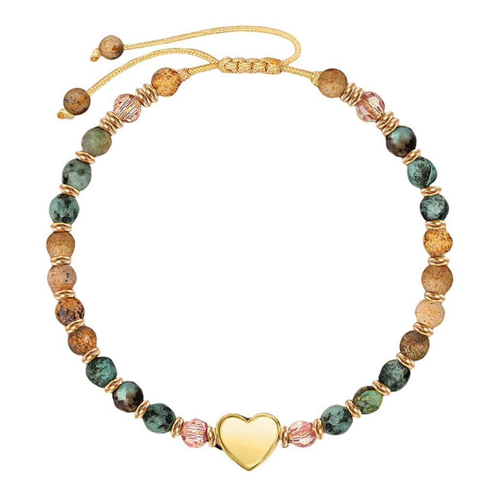 Natural Stone Picture Bracelet, African Pine Heart Pendant, Pink Quartz Gold Bead Partition Bracelet, Stone Heart Bracelet for Women