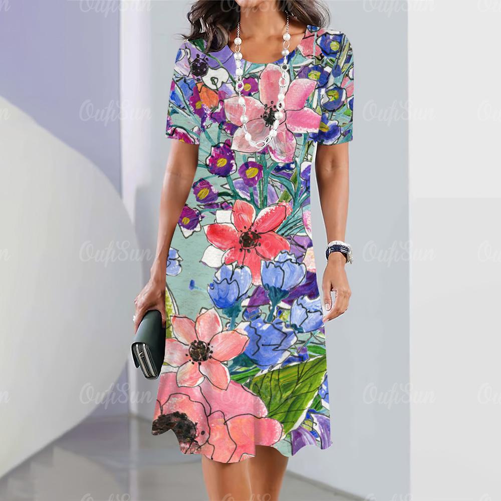 Модные новые женские платья с цветочным принтом 3D, летнее элегантное платье с коротким рукавом, женская одежда больших размеров