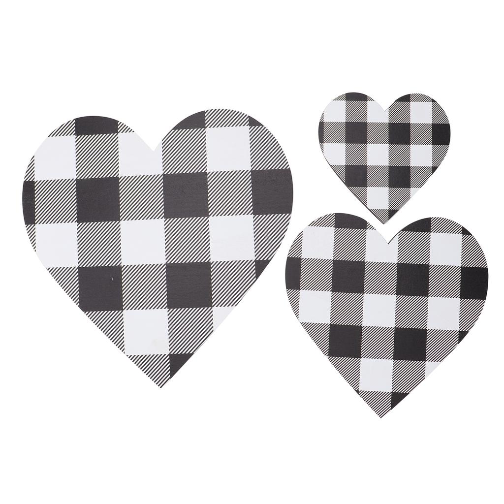 3Pcs Heart Shaped Wood Sign Plaid Wooden Wall Decor Rustic Hanging Plaque for Kitchen Bedroom Bathro
