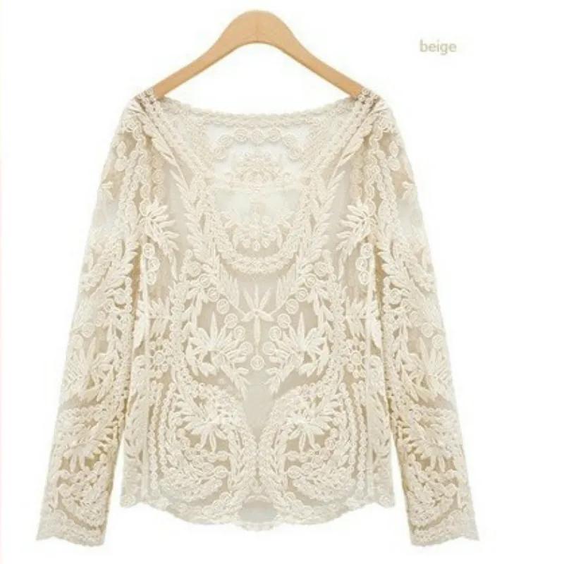 Ethnic Lace Basic Shirt Female Long-sleeve Slim Top Women Retro Slim Summer Shirt Pullover Hollow Out Black Lace Blouse