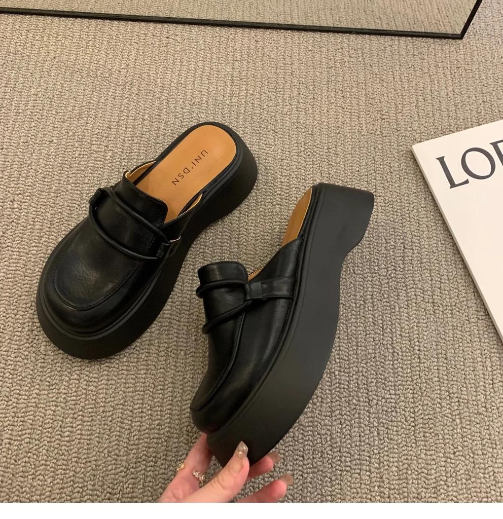 Модные женские тапочки, мюли в британском стиле, высокие сандалии из искусственной кожи, женские полутапочки с толстой подошвой, летние женские мокасины