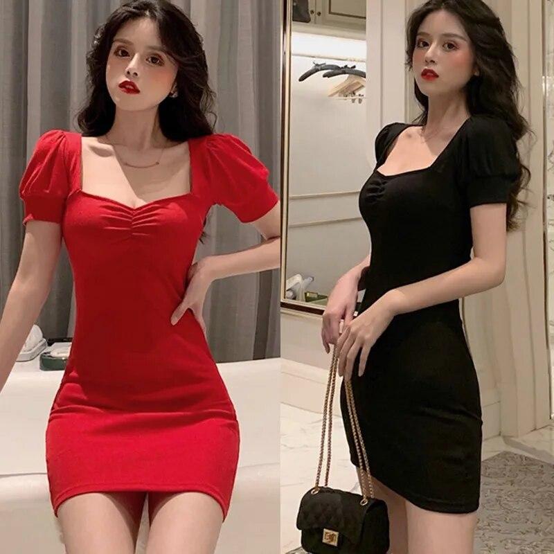 Летнее женское однотонное женское платье с квадратным воротником и короткими рукавами, дикое повседневное сексуальное платье