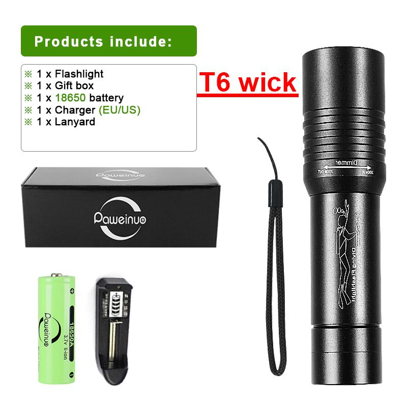 Профессиональный фонарик для дайвинга, высокий люмен 50000LM, мощный фонарик T6 с фитилем, портативный светильник для дайвинга, вращающаяся лампа для дайвинга