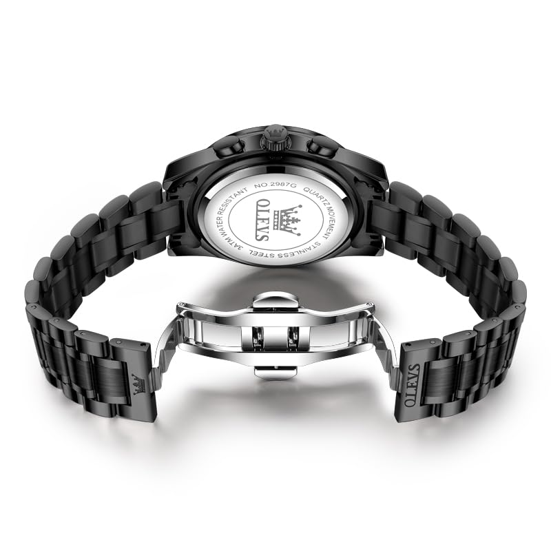 OLEVS Mens Watch Waterproof Luminous Chronograph Date Stainless Band Business Casual Stylish Men Black Belt