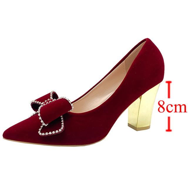 Красные туфли-лодочки с кристаллами и бантом, новые женские элегантные туфли без шнуровки на тонком каблуке, женские туфли на высоком каблуке с острым носком и блестящим бантом