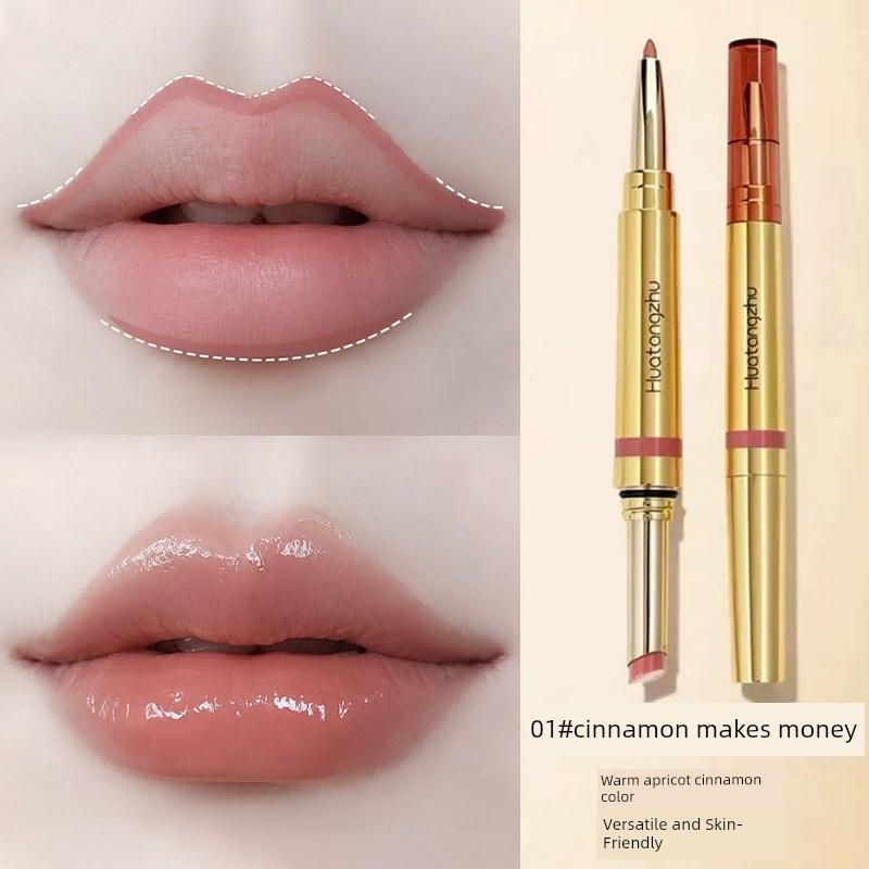 Double-Ended Solid Lip Gloss Lip Liner Cinnamon Color Lipstick Mirror-Like Long-Lasting Moisturizing Reduces Lip Lines Non-Fading Non-Stick Cup