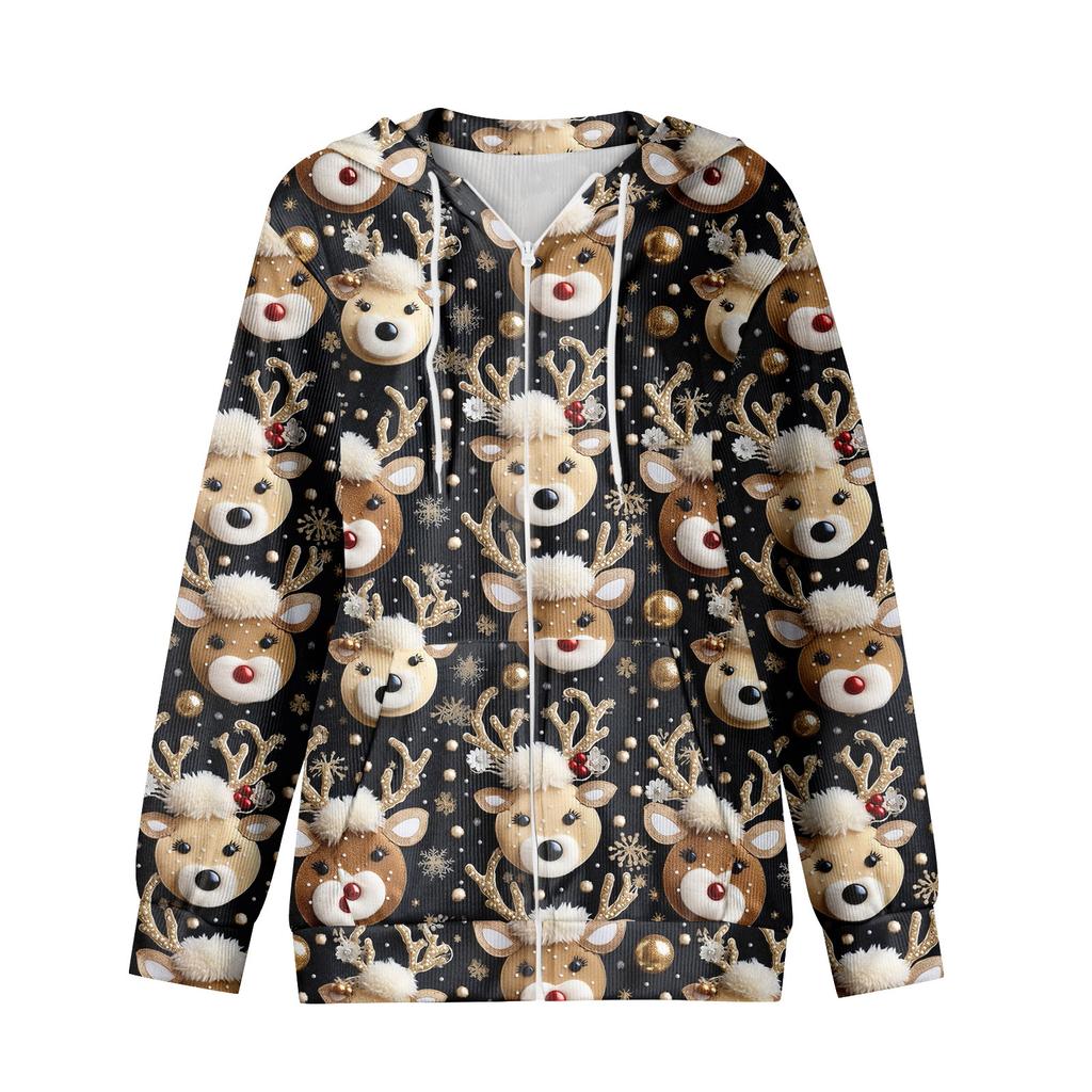 Женская повседневная модная вязаная толстовка с длинными рукавами и застежкой-молнией, с рождественским принтом