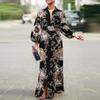 Women Lapel Collar Long Sleeve Floral Printed Casual Long Shirt Dresses