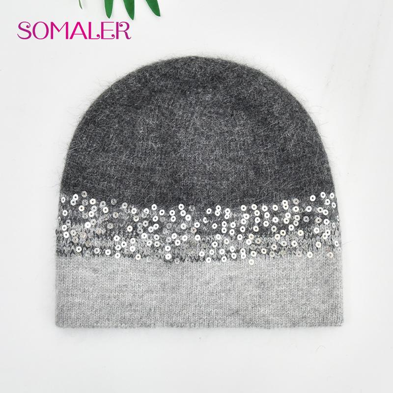 SOMALER Зимние шапки для женщин Теплая вязаная шапка из ангоры Модная шапка-бини с пайетками Толстая длинная шапка-ушанка из кроличьего меха