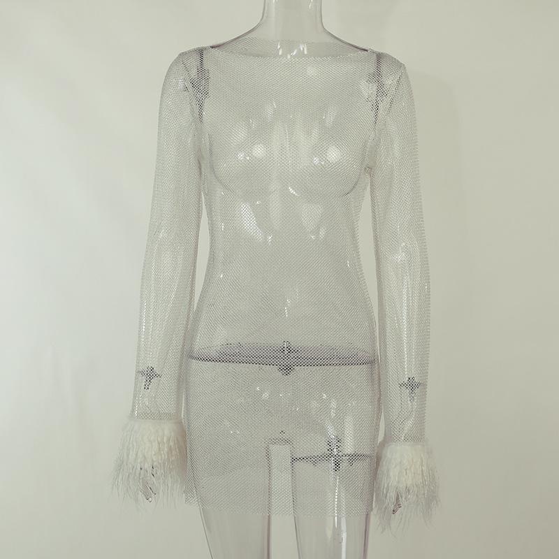 Knitted Round Neck Mesh Long Sleeve Hip Wrap Dress Autumn New Women's Fashion Sexy Dress