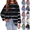 Women's Fashion Oversized Loose T-Shirt Round Neck Long Sleeve Side Slit Stripe Splicing Printed Casual Top