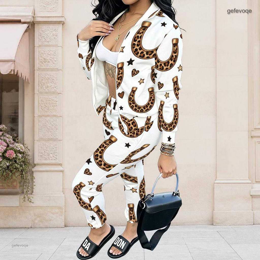 Women Plus Size White Bat Leopard Printed Long Sleeve Zip Jacket And Long Pants Two Piece Set