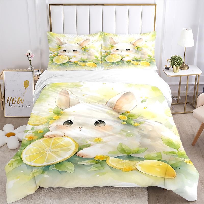 3pcs Lemons and Small Animal Bedding Set, Including 1 Quilt Cover and 2 Pillow Shams, Without Filling, Soft and Comfortable Home Bedroom Fab