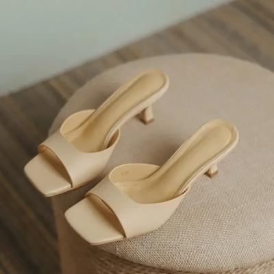 Тапочки из натуральной кожи на французском тонком каблуке для женщин, летние модные босоножки, женские милые тапочки с круглым носком, женская обувь