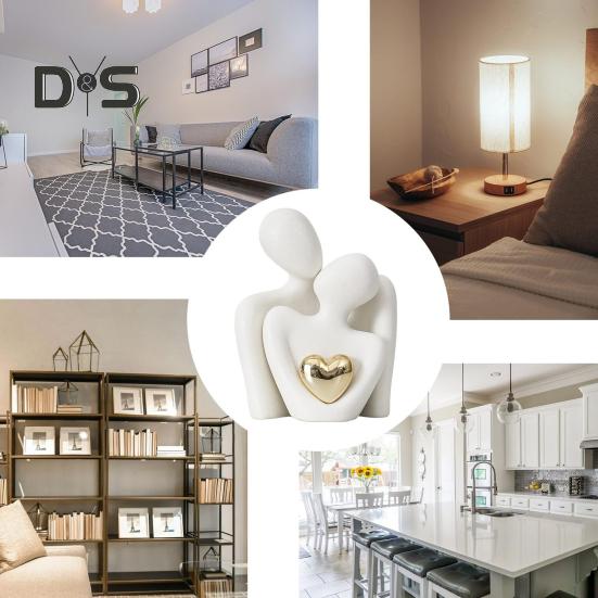 Ceramic Couple Hug Figurine with Golden Love Heart Men Women Embrace Statue Sculpture Living Room Bedroom Desktop Decoration Wedding Anniversary Gifts