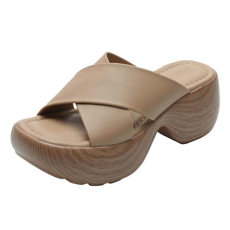 Summer new island style one-word drag thick-soled wedge heel cross-strapped slippers women's retro comfortable outer beach shoes