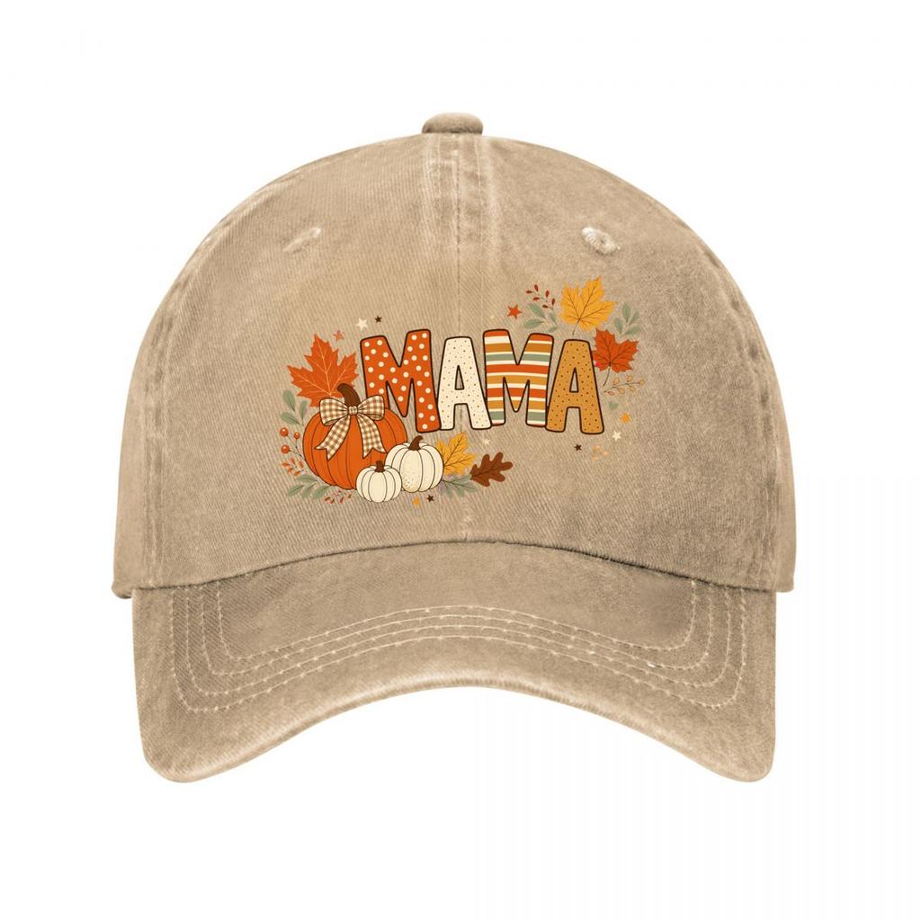 Mama Autumn Pumpkin Leaves Typograph New Vintage Washed Cotton Baseball Cap Sun Hats