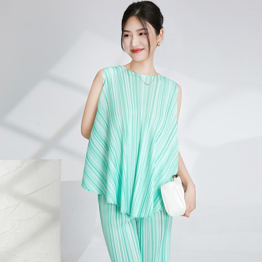 Temperament Fashion Pleated Suit Women's Striped Irregular Sleeveless T-Shirt Top High Waist Drape Straight Pants Two-piece Set