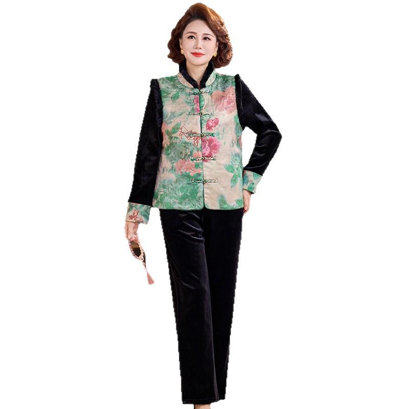 Новый зимний жилет в китайском стиле: Золотой велюровый комплект из 3 предметов для женщин среднего возраста