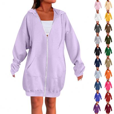 Женский однотонный свитшот на молнии, повседневный реглан, длинная куртка (Без капюшона на шнурке)