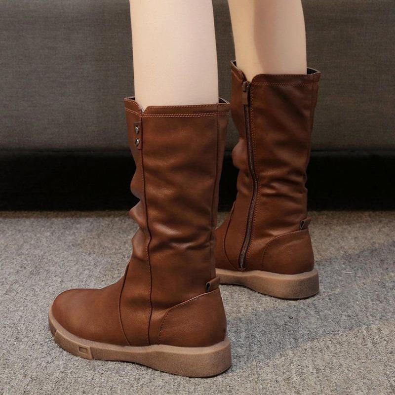 Leather Flat Women's Half High Boots Brown Ladies Mid Calf Shoes Waterproof Trend Sale Goth New In On Promotion Boot Work