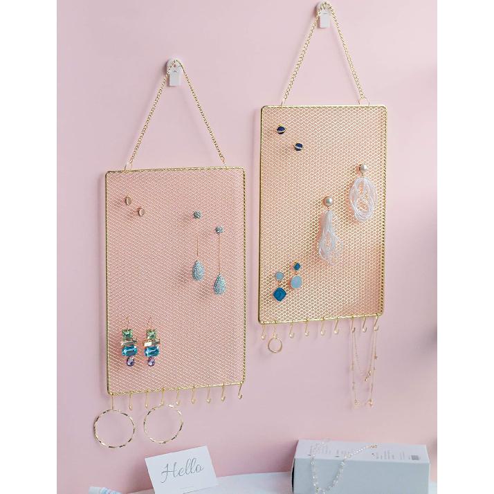 Heesch 2 Pack Earring Holder Wall Mounted Hanging Jewelry Organizer Display Decorative Metal Diamond Shape with Hooks for Necklaces Bracelets (Gold)